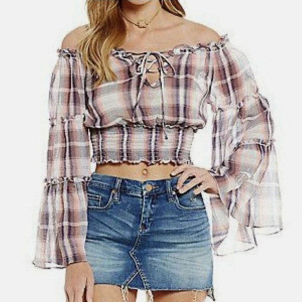 Chelsea & Violet Plaid Gauze Peasant BOHO Ruffled Bell Sleeve Cropped Top